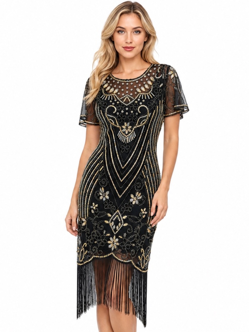 Yessa 1920s Black Gold Sequin Fringe Gatsby Flapper Dress XXXL NWT